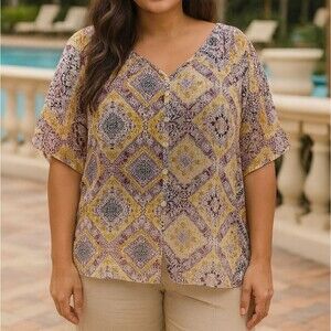 Chiffon Top Floral Swing Tunic Blouse 1X Yellow Purple Fairy Ethereal Bohemian